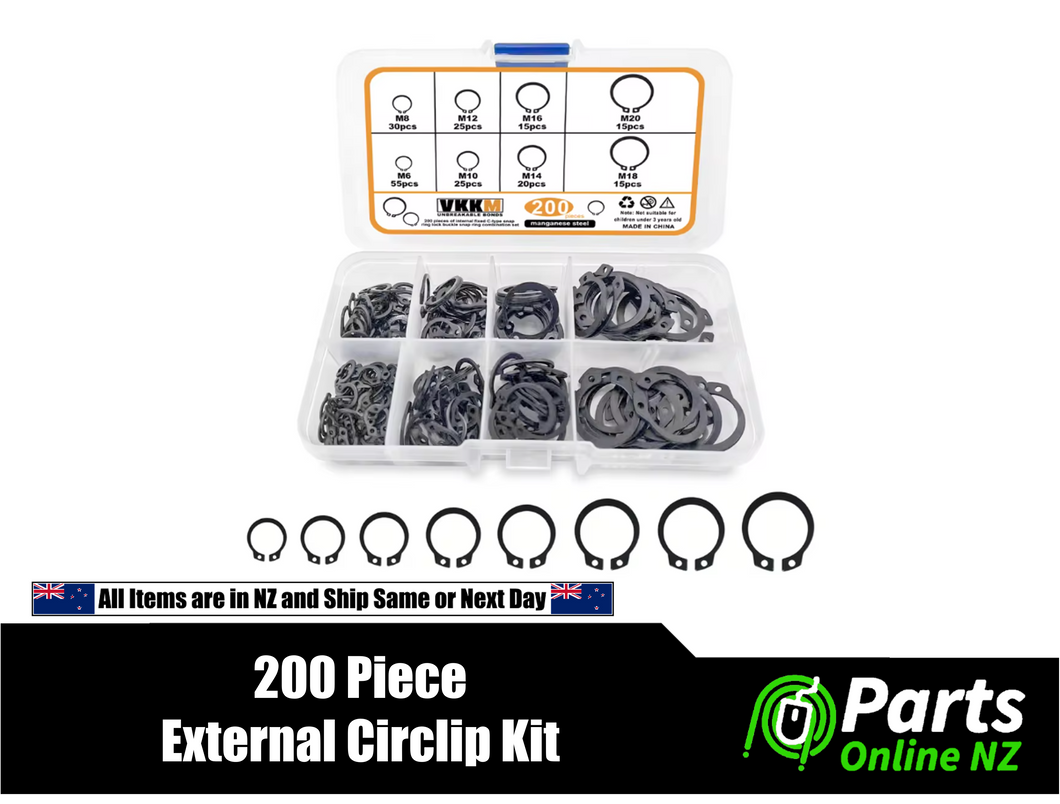 200pcs Manganese Steel External Retaining Ring (Circlip) Set – 8 Sizes